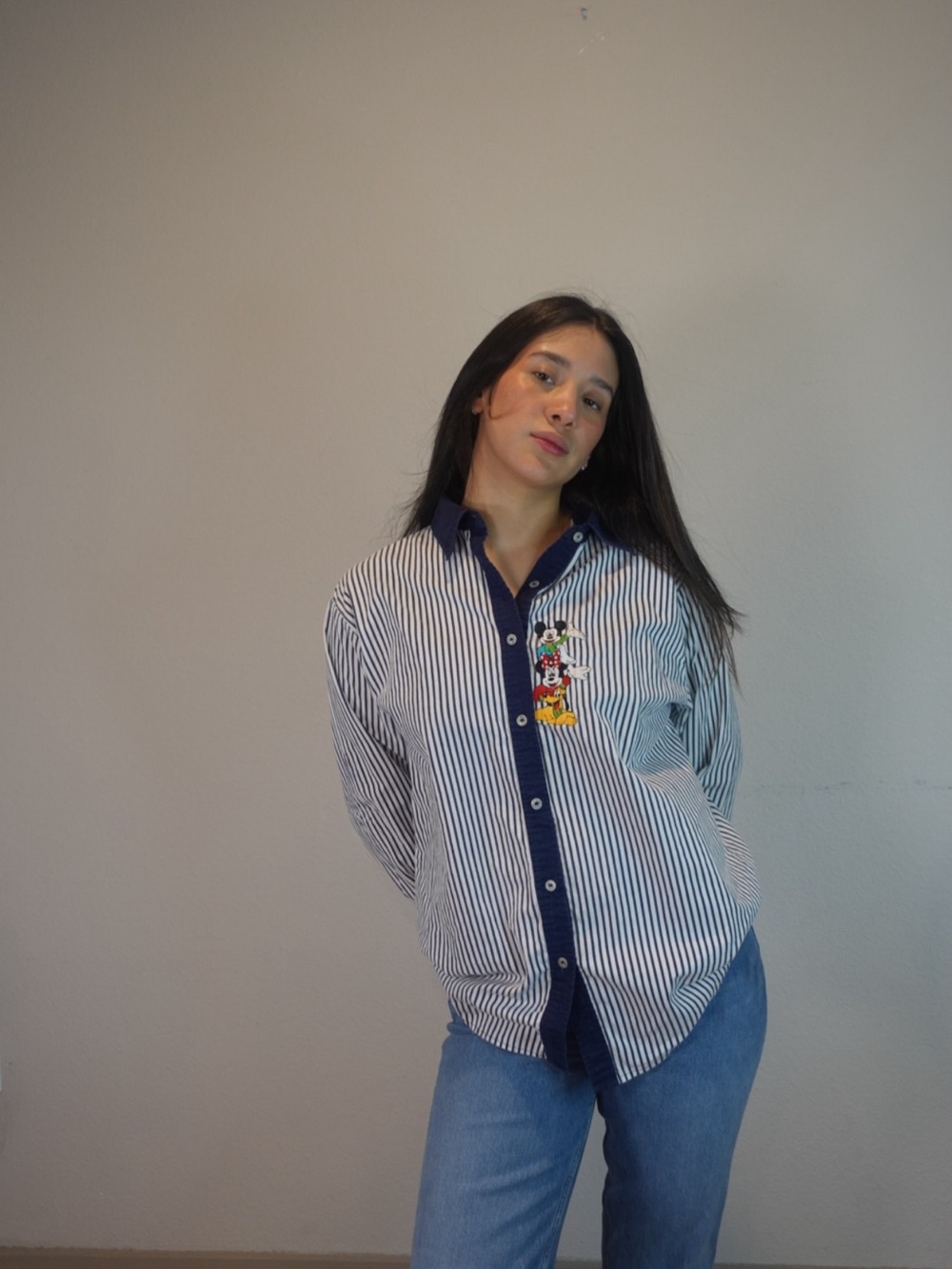 Vintage Mickey Unlimited Blue and White Striped Long Sleeve Embroidered